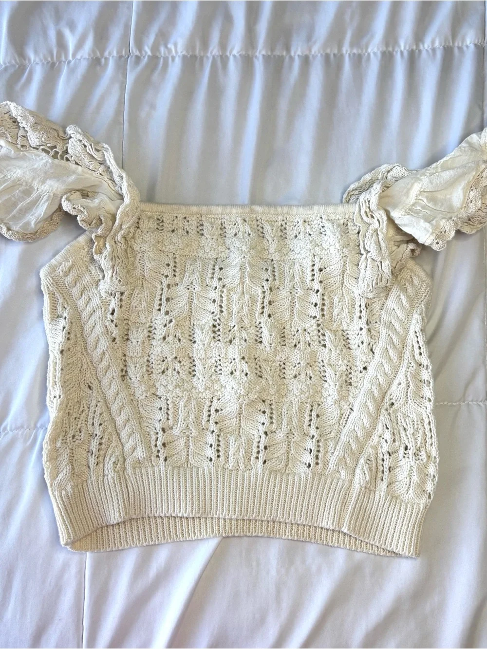 Anthropologie Cream Off-the-Shoulder Lace-Trim Knit Sweater